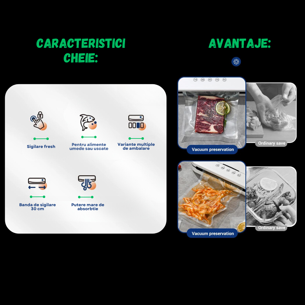 Set Aparat de vidat alimente Evolve-x® EvoFresh, vidare umeda/uscata, sigilare, cutter incorporat, compartiment rola pungi, bara de sigilare de 30 cm, pungi incluse, 130W, Inox [2]