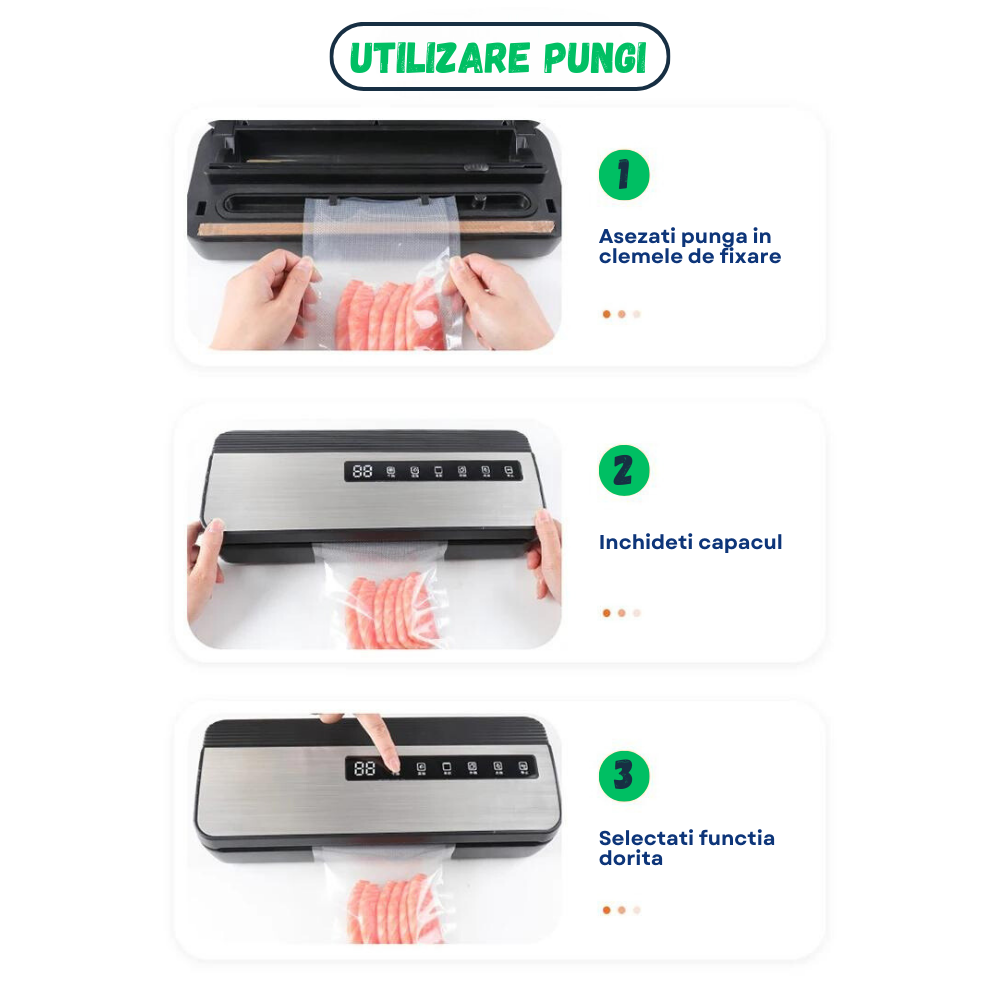 Set Aparat de vidat alimente Evolve-x® EvoFresh, vidare umeda/uscata, sigilare, cutter incorporat, compartiment rola pungi, bara de sigilare de 30 cm, pungi incluse, 130W, Inox [6]