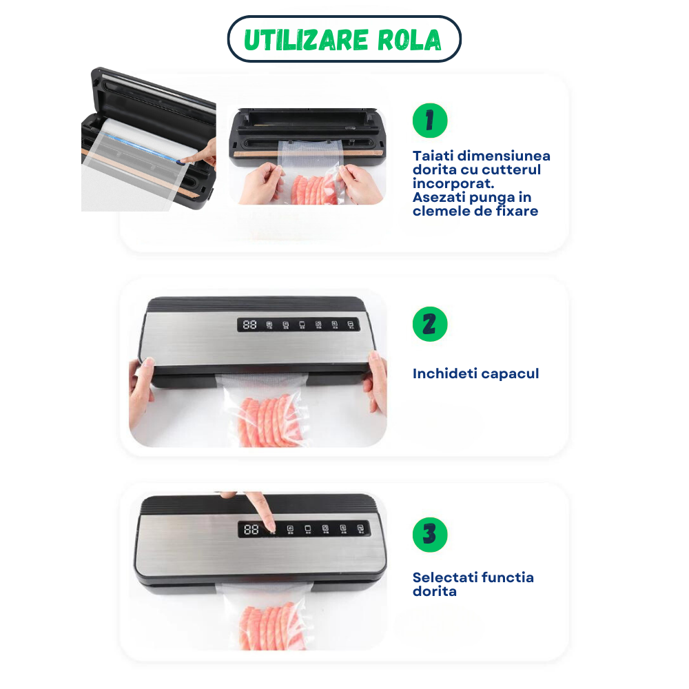 Set Aparat de vidat alimente Evolve-x® EvoFresh, vidare umeda/uscata, sigilare, cutter incorporat, compartiment rola pungi, bara de sigilare de 30 cm, pungi incluse, 130W, Inox [7]