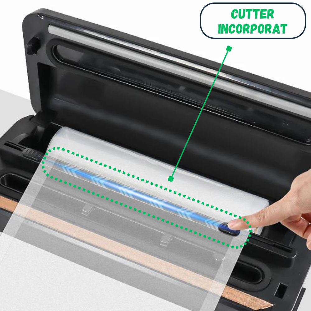 Set Aparat de vidat alimente Evolve-x® EvoFresh, vidare umeda/uscata, sigilare, cutter incorporat, compartiment rola pungi, bara de sigilare de 30 cm, pungi incluse, 130W, Inox [5]