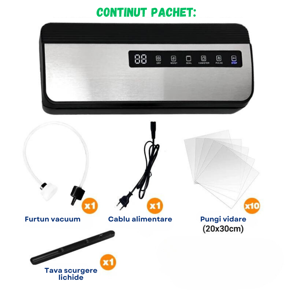 Set Aparat de vidat alimente Evolve-x® EvoFresh, vidare umeda/uscata, sigilare, cutter incorporat, compartiment rola pungi, bara de sigilare de 30 cm, pungi incluse, 130W, Inox [9]