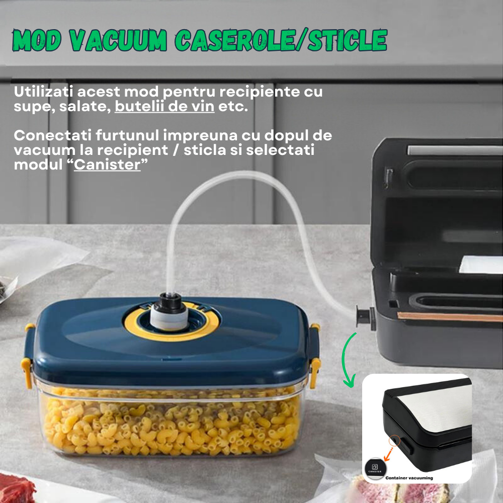 Set Aparat de vidat alimente Evolve-x® EvoFresh, vidare umeda/uscata, sigilare, cutter incorporat, compartiment rola pungi, bara de sigilare de 30 cm, pungi incluse, 130W, Inox [8]