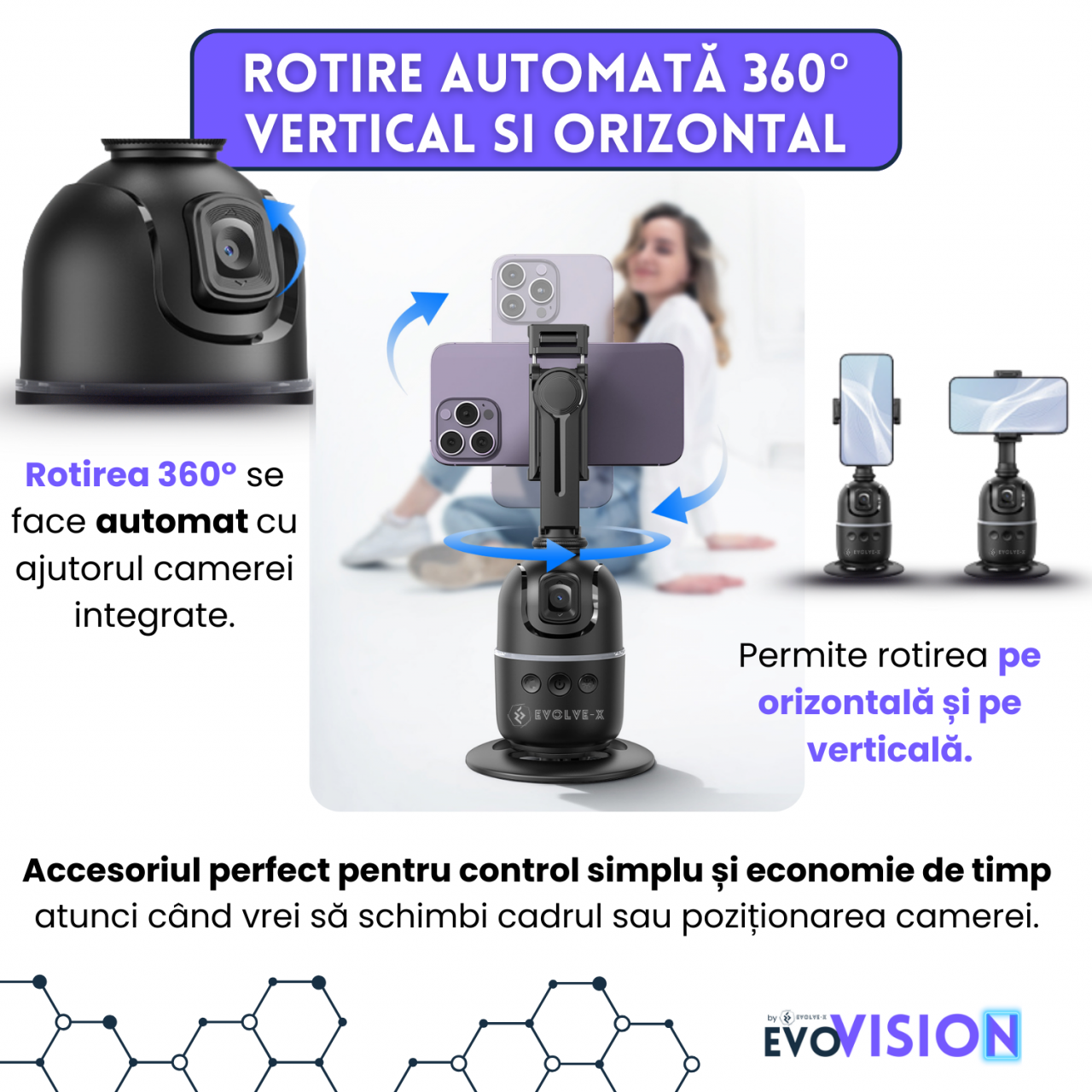 Set trepied + Gimball Evolve-x EvoVison Follow, Pentru Telefon/Camere/Lumini, Urmarire faciala, Tracking AI, Rotire 360° [6]