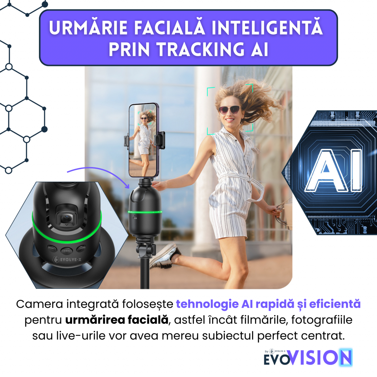 Set trepied + Gimball Evolve-x EvoVison Follow, Pentru Telefon/Camere/Lumini, Urmarire faciala, Tracking AI, Rotire 360° [4]