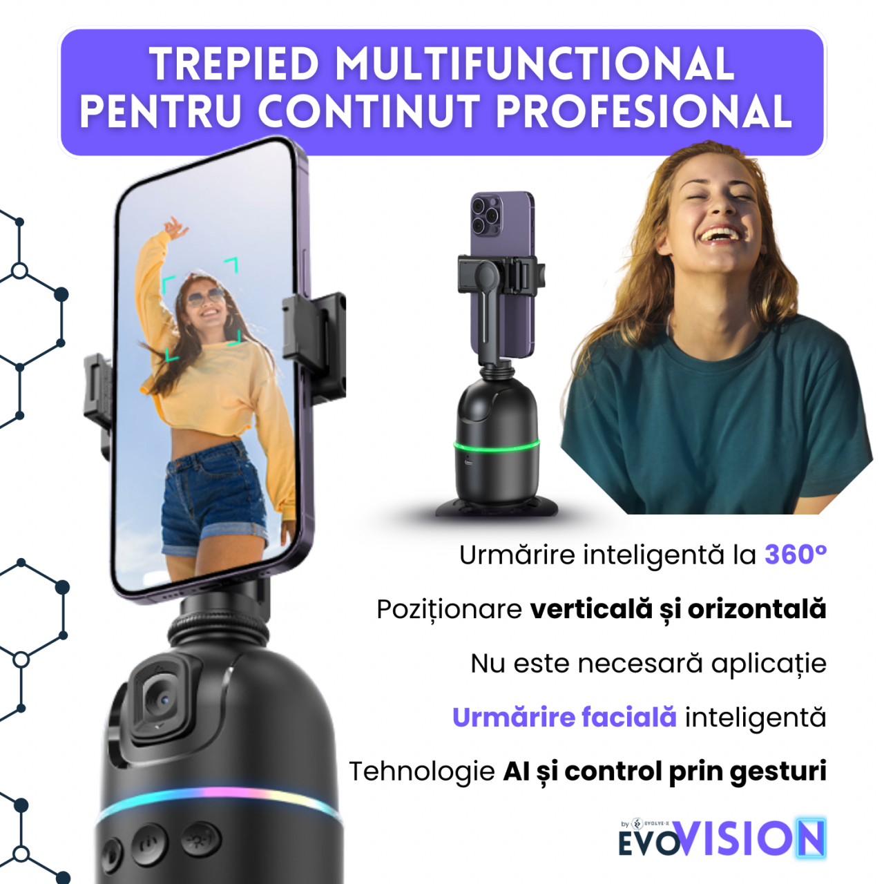 Set trepied + Gimball Evolve-x EvoVison Follow, Pentru Telefon/Camere/Lumini, Urmarire faciala, Tracking AI, Rotire 360° [2]