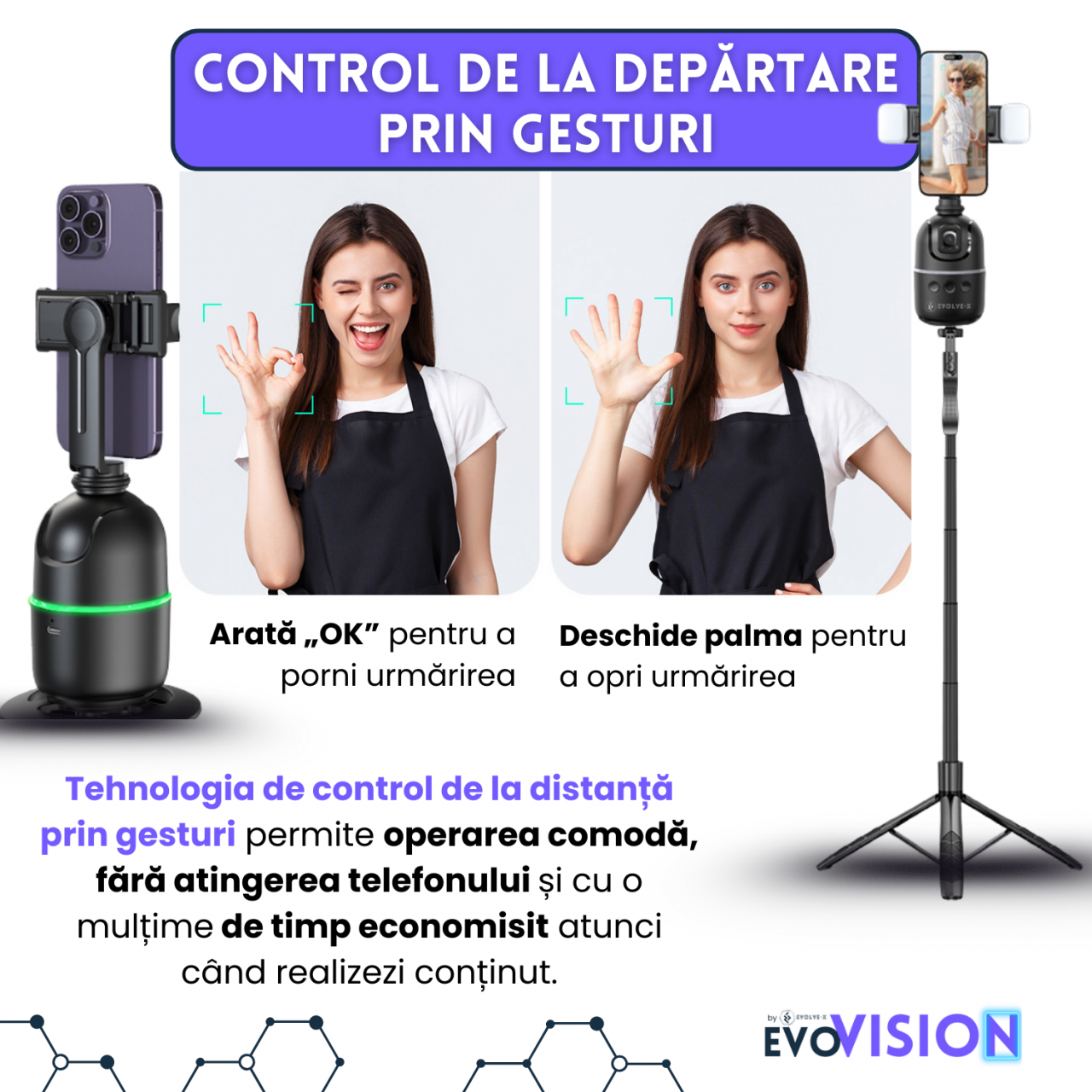 Set trepied + Gimball Evolve-x EvoVison Follow, Pentru Telefon/Camere/Lumini, Urmarire faciala, Tracking AI, Rotire 360° [5]