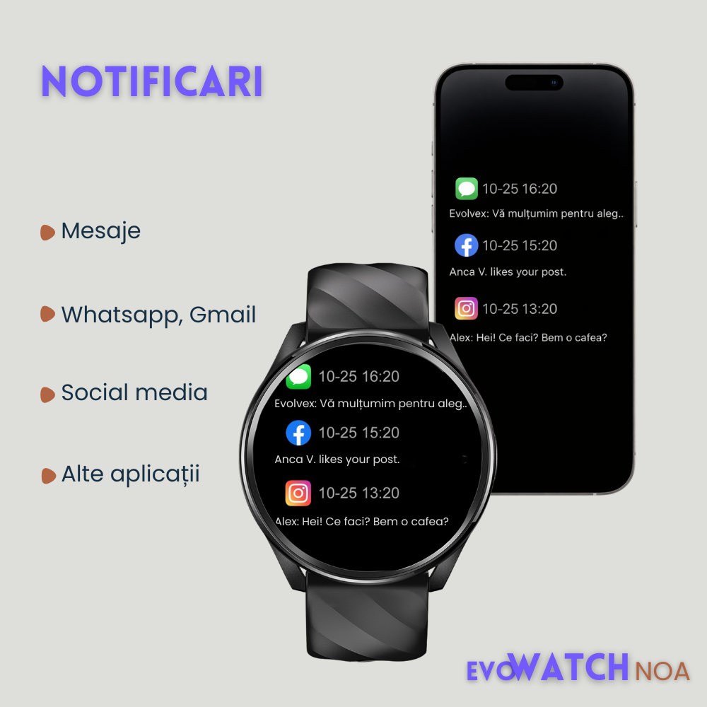 Smartwatch Unisex cu Apeluri Bluetooth, Ecran HD 1.46”, Monitorizare Puls, Tensiune și Oxigen SpO2, 100+ Moduri Sportive, Autonomie 7 Zile, EvoWatch Noa [13]