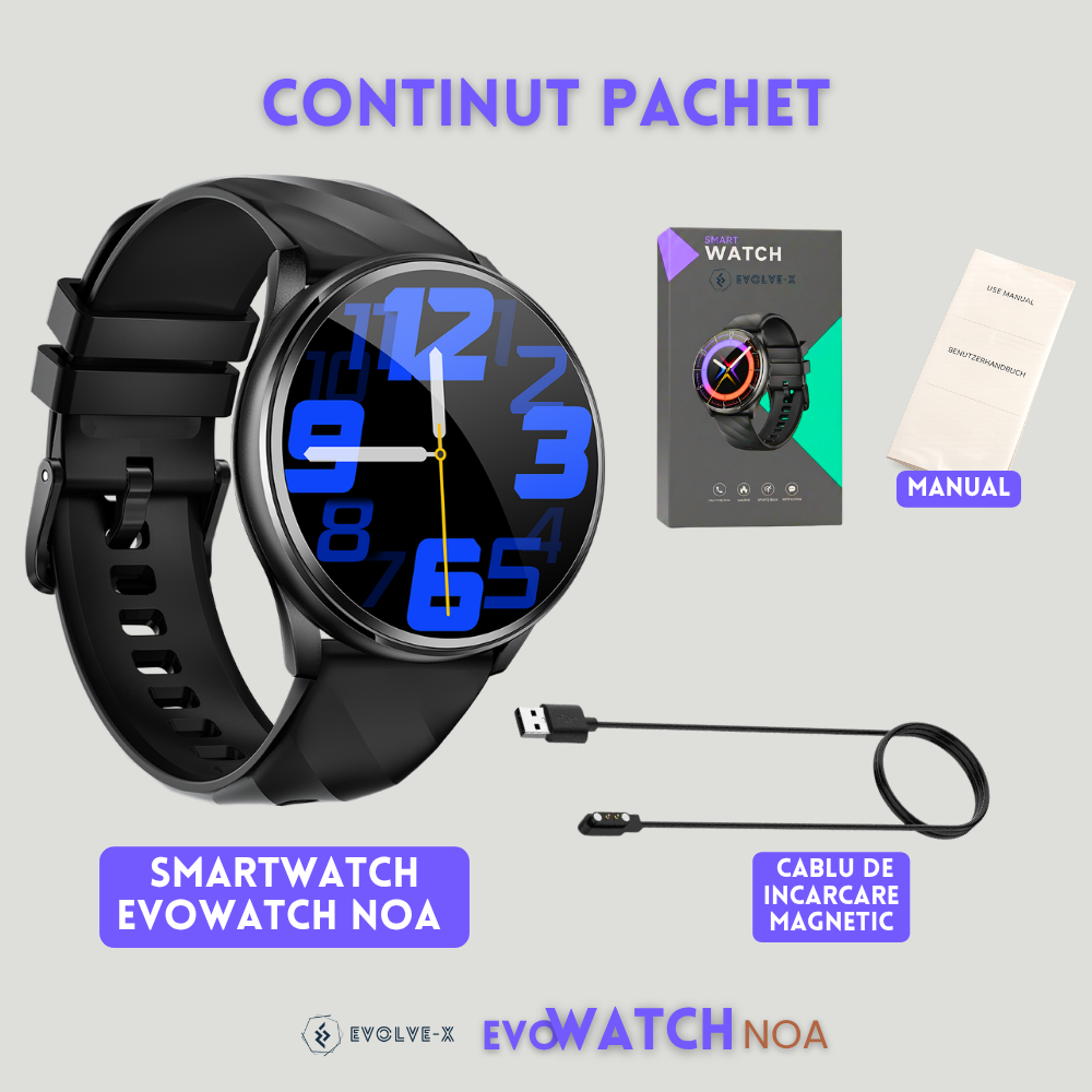 Smartwatch Unisex cu Apeluri Bluetooth, Ecran HD 1.46”, Monitorizare Puls, Tensiune și Oxigen SpO2, 100+ Moduri Sportive, Autonomie 7 Zile, EvoWatch Noa [29]