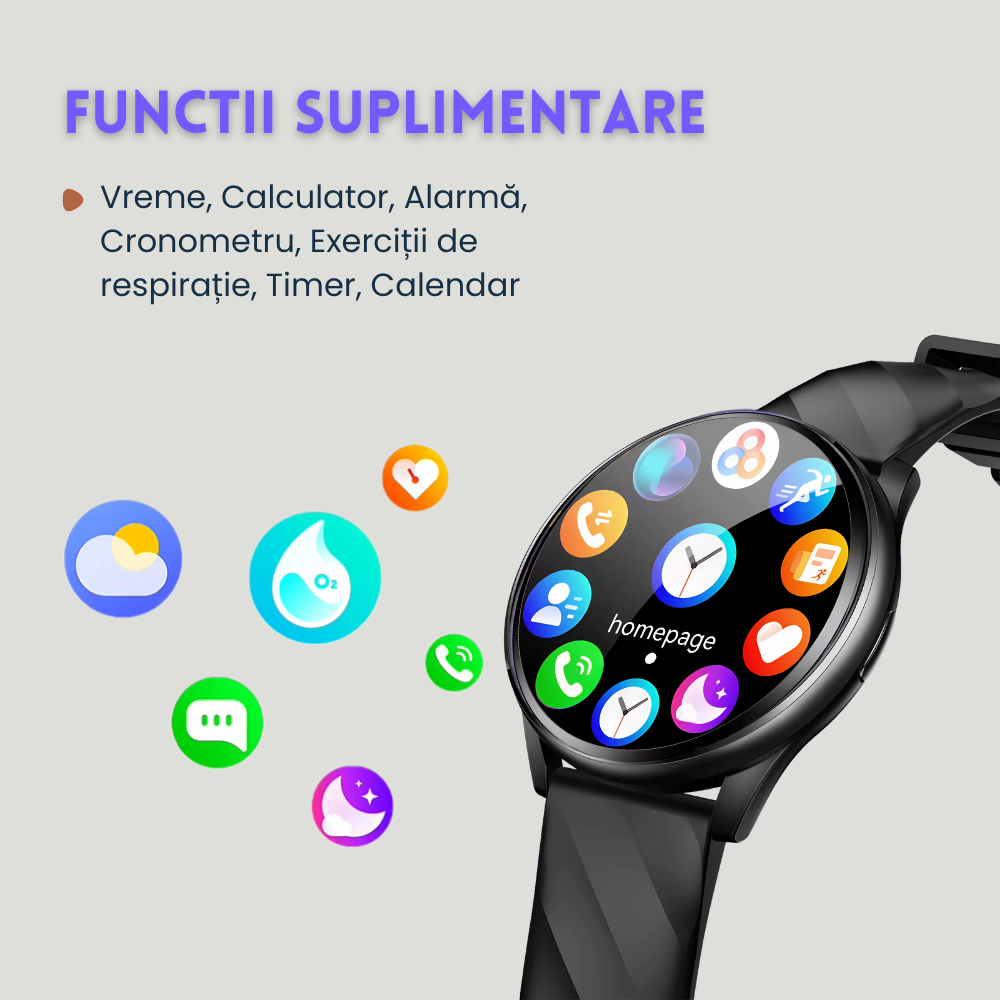 Smartwatch Unisex cu Apeluri Bluetooth, Ecran HD 1.46”, Monitorizare Puls, Tensiune și Oxigen SpO2, 100+ Moduri Sportive, Autonomie 7 Zile, EvoWatch Noa [21]