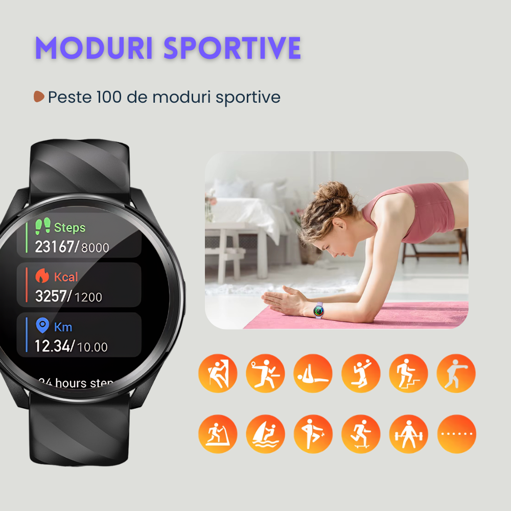 Smartwatch Unisex cu Apeluri Bluetooth, Ecran HD 1.46”, Monitorizare Puls, Tensiune și Oxigen SpO2, 100+ Moduri Sportive, Autonomie 7 Zile, EvoWatch Noa [20]