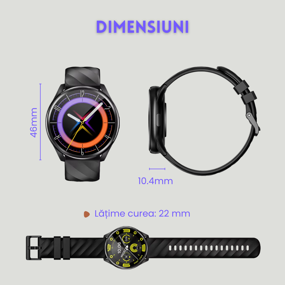 Smartwatch Unisex cu Apeluri Bluetooth, Ecran HD 1.46”, Monitorizare Puls, Tensiune și Oxigen SpO2, 100+ Moduri Sportive, Autonomie 7 Zile, EvoWatch Noa [27]