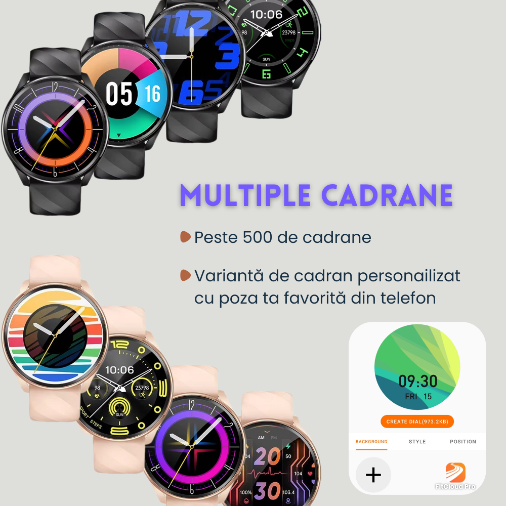 Smartwatch femei cu Apeluri Bluetooth, Ecran HD 1.46”, Monitorizare Puls, Tensiune și Oxigen SpO2, 100+ Moduri Sportive, Autonomie 7 Zile, EvoWatch Noa [24]