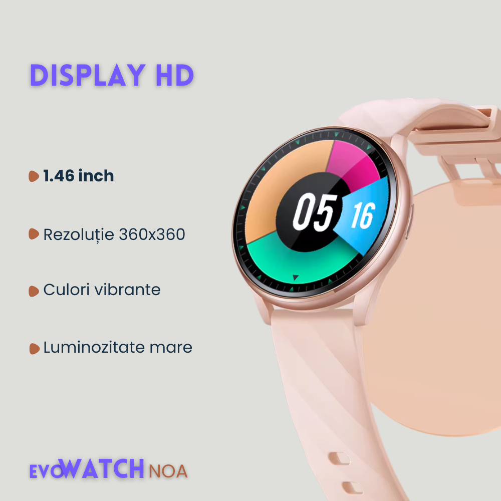 Smartwatch femei cu Apeluri Bluetooth, Ecran HD 1.46”, Monitorizare Puls, Tensiune și Oxigen SpO2, 100+ Moduri Sportive, Autonomie 7 Zile, EvoWatch Noa [9]