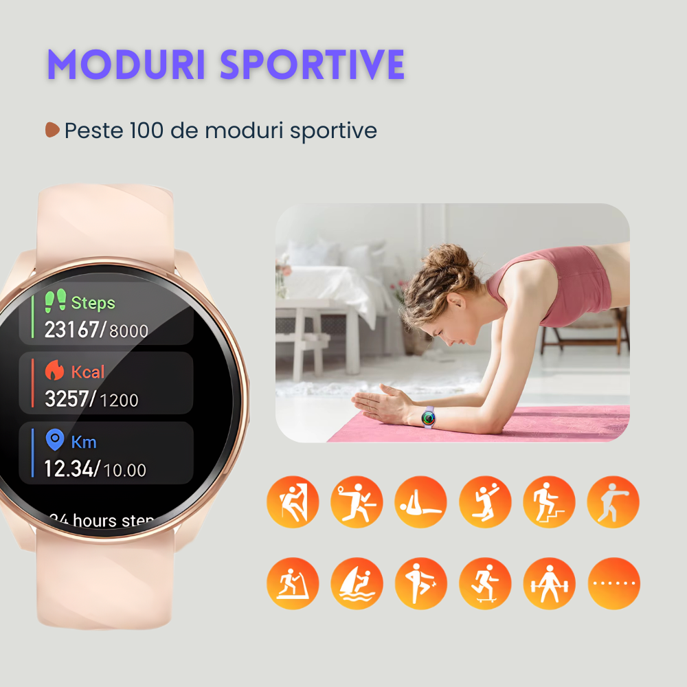 Smartwatch femei cu Apeluri Bluetooth, Ecran HD 1.46”, Monitorizare Puls, Tensiune și Oxigen SpO2, 100+ Moduri Sportive, Autonomie 7 Zile, EvoWatch Noa [20]