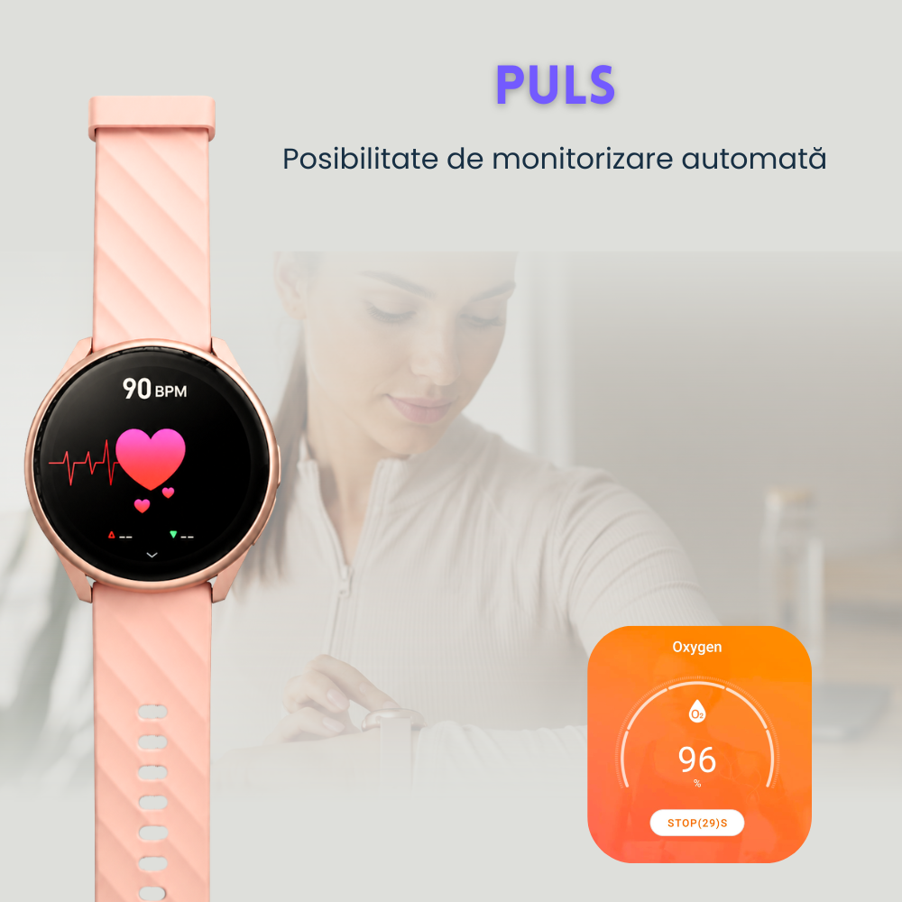 Smartwatch femei cu Apeluri Bluetooth, Ecran HD 1.46”, Monitorizare Puls, Tensiune și Oxigen SpO2, 100+ Moduri Sportive, Autonomie 7 Zile, EvoWatch Noa [17]