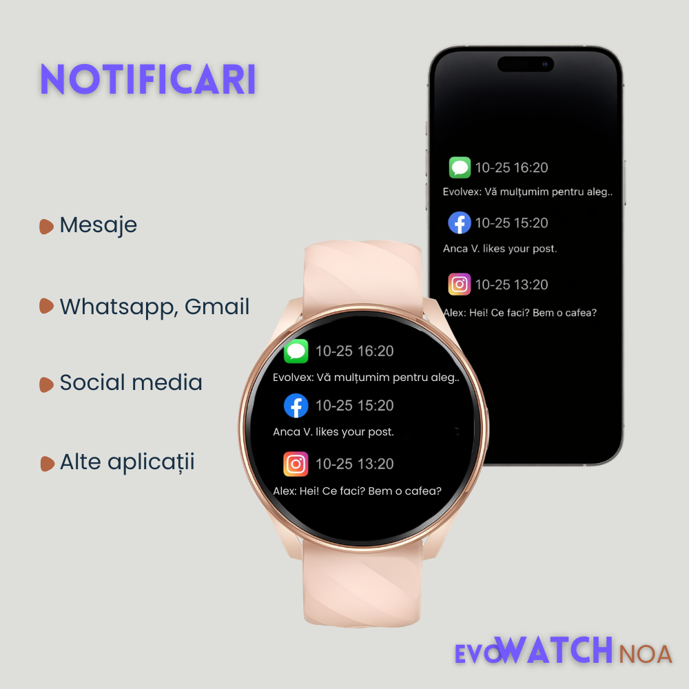 Smartwatch femei cu Apeluri Bluetooth, Ecran HD 1.46”, Monitorizare Puls, Tensiune și Oxigen SpO2, 100+ Moduri Sportive, Autonomie 7 Zile, EvoWatch Noa [13]