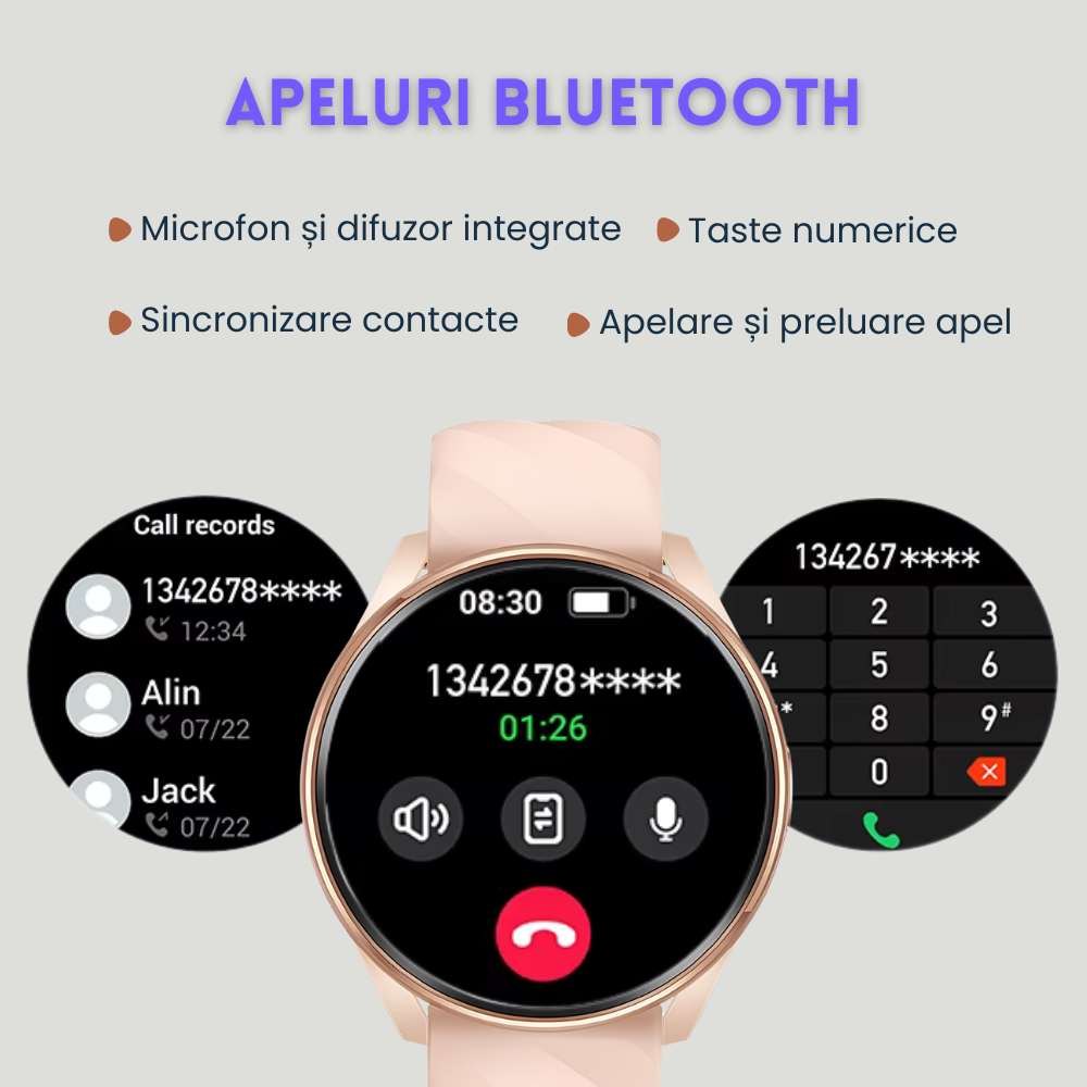 Smartwatch femei cu Apeluri Bluetooth, Ecran HD 1.46”, Monitorizare Puls, Tensiune și Oxigen SpO2, 100+ Moduri Sportive, Autonomie 7 Zile, EvoWatch Noa [12]