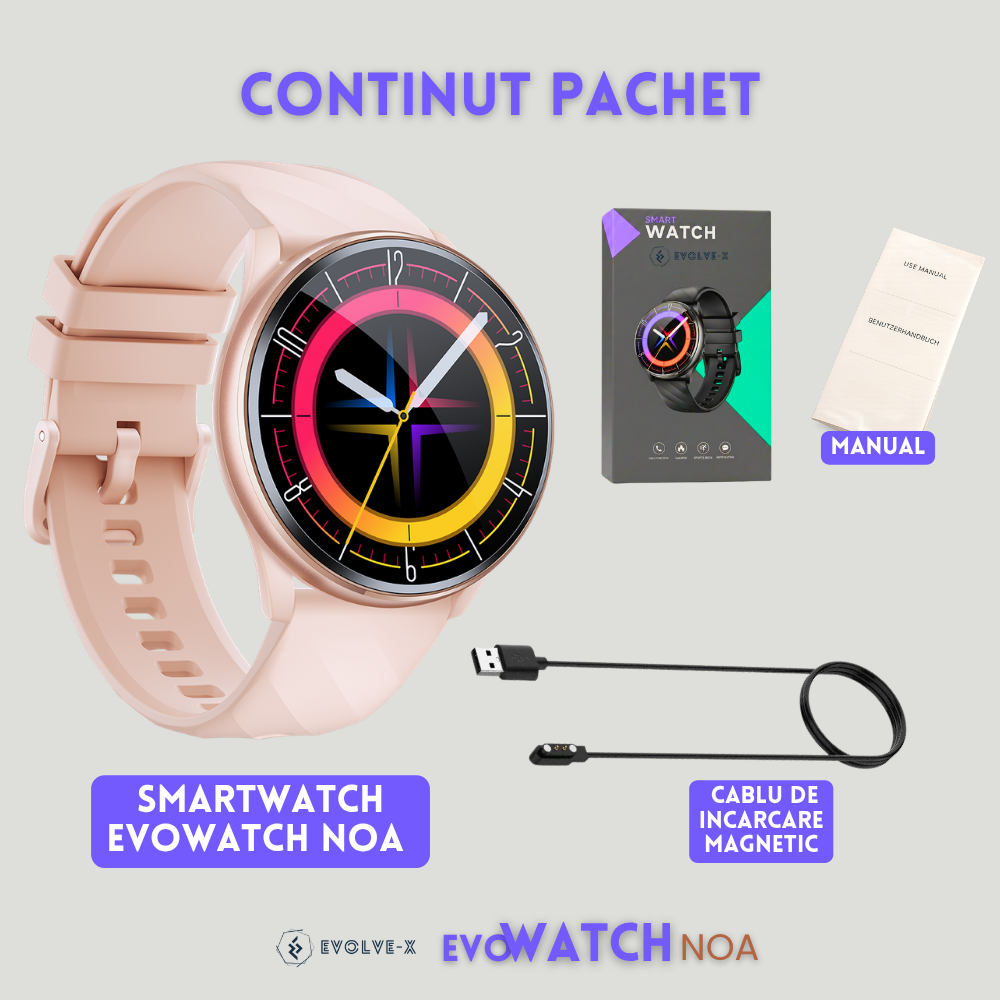 Smartwatch femei cu Apeluri Bluetooth, Ecran HD 1.46”, Monitorizare Puls, Tensiune și Oxigen SpO2, 100+ Moduri Sportive, Autonomie 7 Zile, EvoWatch Noa [29]