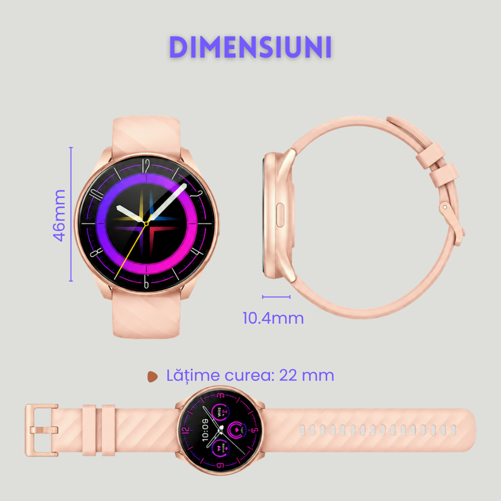 Smartwatch femei cu Apeluri Bluetooth, Ecran HD 1.46”, Monitorizare Puls, Tensiune și Oxigen SpO2, 100+ Moduri Sportive, Autonomie 7 Zile, EvoWatch Noa [28]