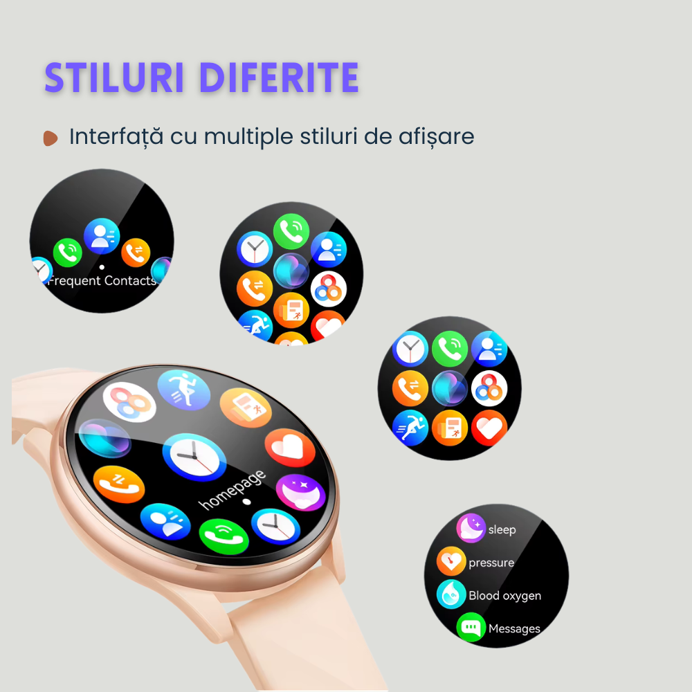 Smartwatch femei cu Apeluri Bluetooth, Ecran HD 1.46”, Monitorizare Puls, Tensiune și Oxigen SpO2, 100+ Moduri Sportive, Autonomie 7 Zile, EvoWatch Noa [23]