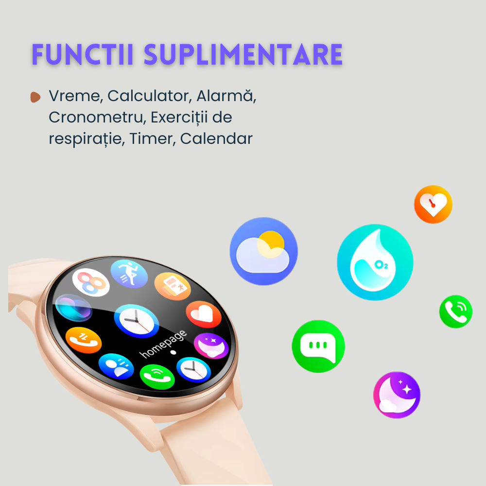 Smartwatch femei cu Apeluri Bluetooth, Ecran HD 1.46”, Monitorizare Puls, Tensiune și Oxigen SpO2, 100+ Moduri Sportive, Autonomie 7 Zile, EvoWatch Noa [21]