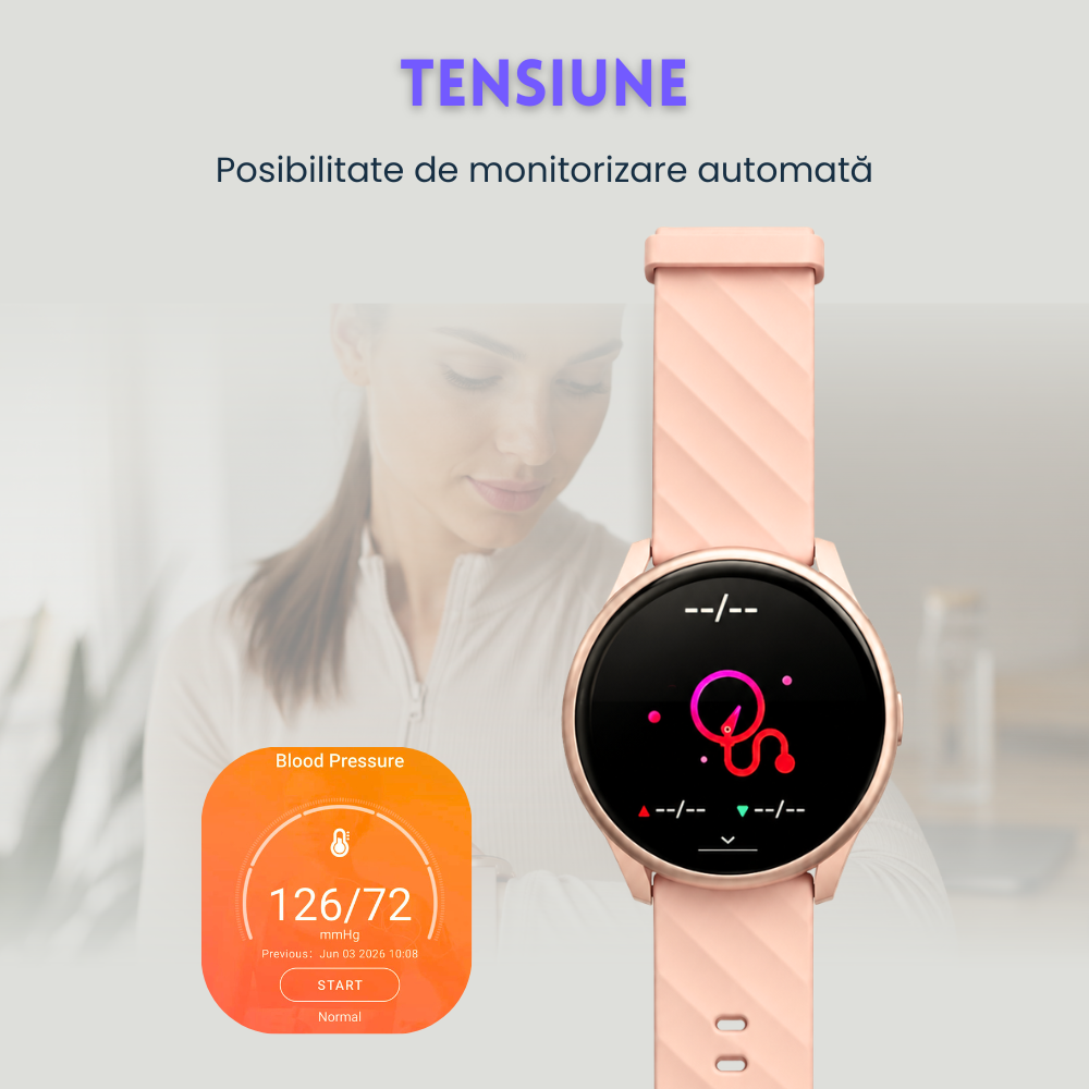 Smartwatch femei cu Apeluri Bluetooth, Ecran HD 1.46”, Monitorizare Puls, Tensiune și Oxigen SpO2, 100+ Moduri Sportive, Autonomie 7 Zile, EvoWatch Noa [18]