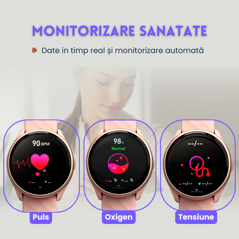 Smartwatch femei cu Apeluri Bluetooth, Ecran HD 1.46”, Monitorizare Puls, Tensiune și Oxigen SpO2, 100+ Moduri Sportive, Autonomie 7 Zile, EvoWatch Noa [15]