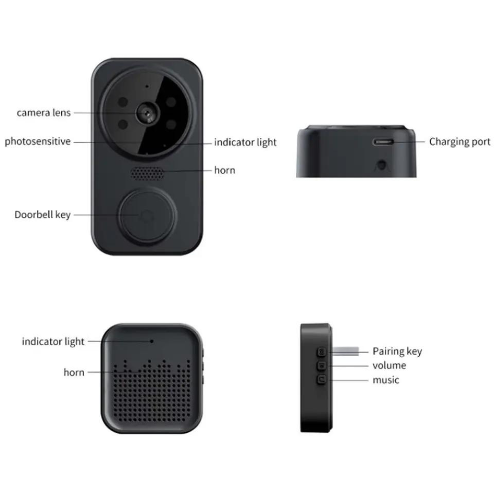 Sonerie Video Inteligenta wireless cu camera de supraveghere 1080p, interfon, functie IR Night vision, audio bidirectional si conexiune la aplicatia Tuya Android/IOS, acumulator, negru [10]
