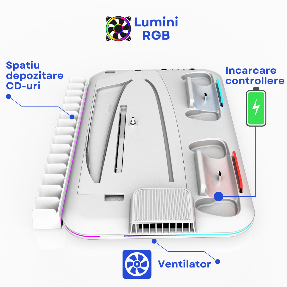 Stand vertical 5 in 1 multifunctional pentru PlayStation5 / PlayStation5 SLIM Evolve-x®, cu Statie de incarcare Dual pentru 2 controllere, 3H Fast charge, Ventilator, Suport casti, Slot depozitare CD- [3]