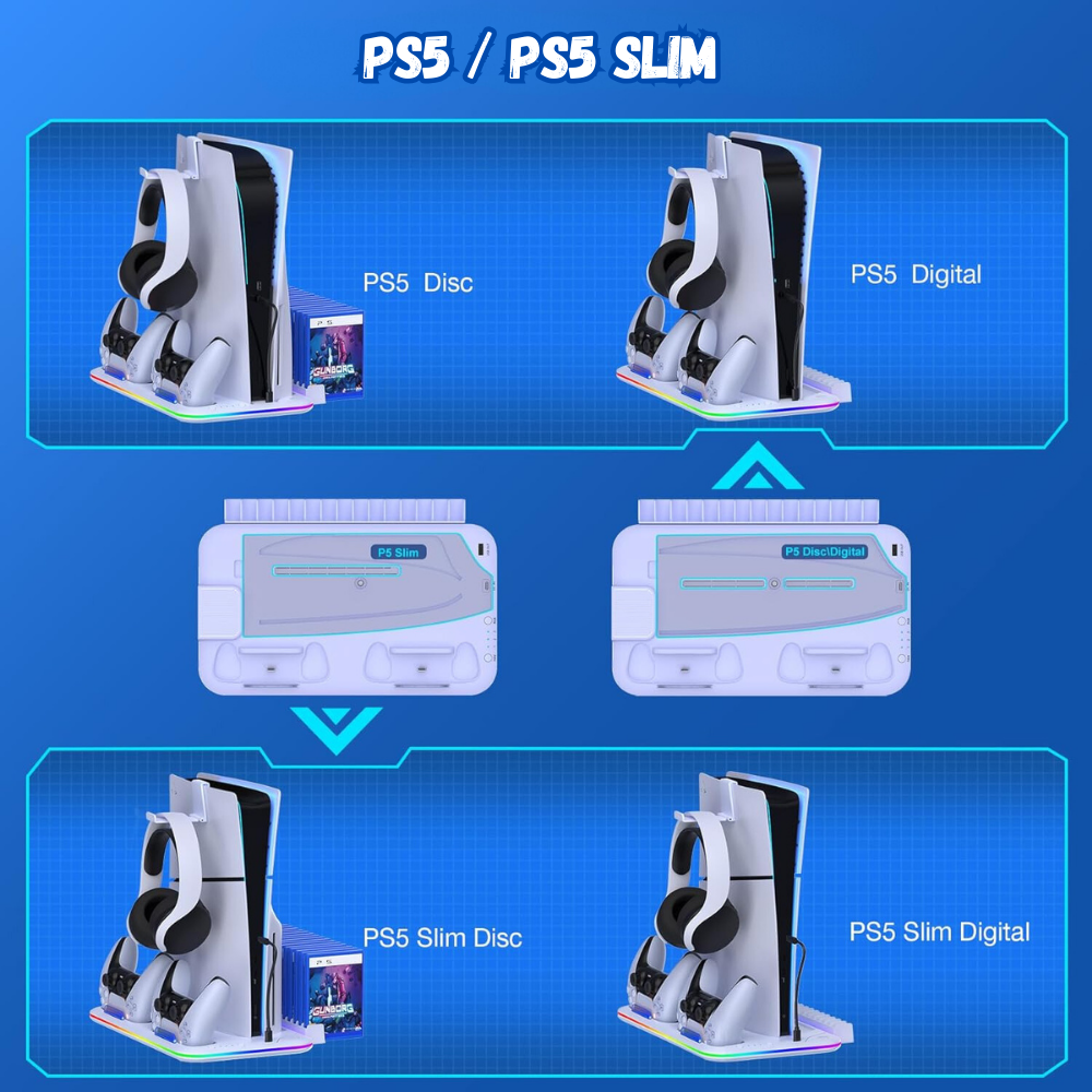Stand vertical 5 in 1 multifunctional pentru PlayStation5 / PlayStation5 SLIM Evolve-x®, cu Statie de incarcare Dual pentru 2 controllere, 3H Fast charge, Ventilator, Suport casti, Slot depozitare CD- [8]