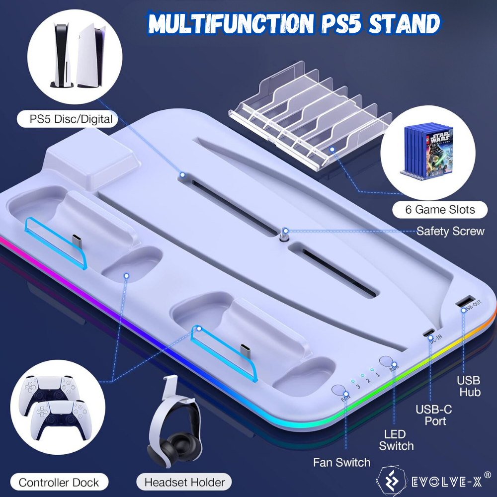 Stand vertical 5 in 1 multifunctional pentru PlayStation5 / PlayStation5 SLIM Evolve-x®, cu Statie de incarcare Dual pentru 2 controllere, 3H Fast charge, Ventilator, Suport casti, Slot depozitare CD- [5]