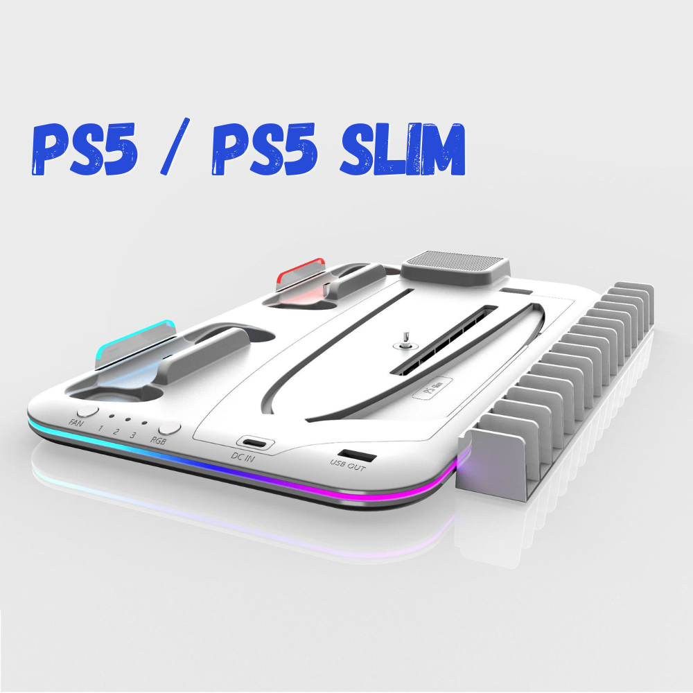 Stand vertical 5 in 1 multifunctional pentru PlayStation5 / PlayStation5 SLIM Evolve-x®, cu Statie de incarcare Dual pentru 2 controllere, 3H Fast charge, Ventilator, Suport casti, Slot depozitare CD- [2]