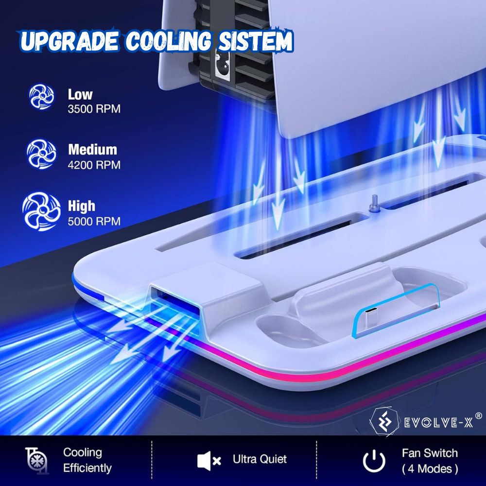 Stand vertical 5 in 1 multifunctional pentru PlayStation5 / PlayStation5 SLIM Evolve-x®, cu Statie de incarcare Dual pentru 2 controllere, 3H Fast charge, Ventilator, Suport casti, Slot depozitare CD- [6]