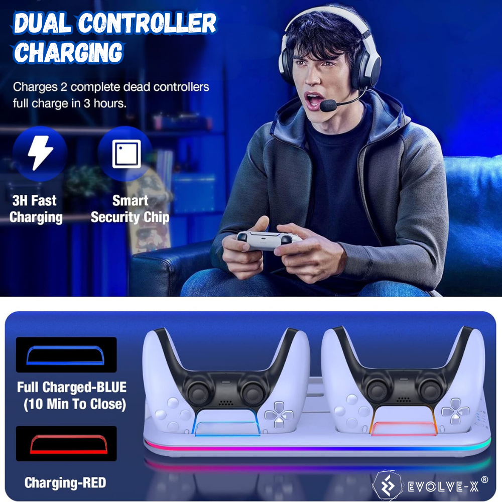 Stand vertical 5 in 1 multifunctional pentru PlayStation5 / PlayStation5 SLIM Evolve-x®, cu Statie de incarcare Dual pentru 2 controllere, 3H Fast charge, Ventilator, Suport casti, Slot depozitare CD- [7]