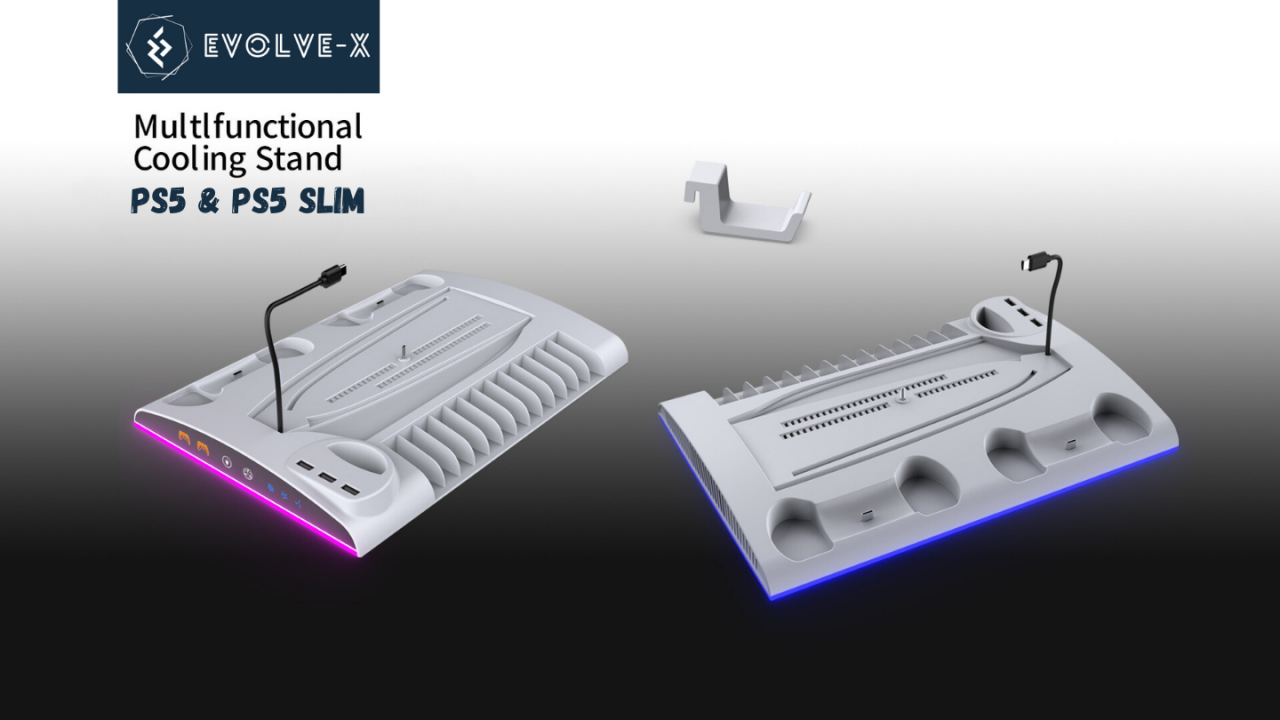 Stand vertical 5 in 1 multifunctional PS5 / PS5 Slim Evolve-x®, cu Statie de incarcare Dual pentru 2 controllere, 3H Fast charge, Ventilator, Suport casti, Slot depozitare CD-uri, lumina RGB, Afisaj L [4]