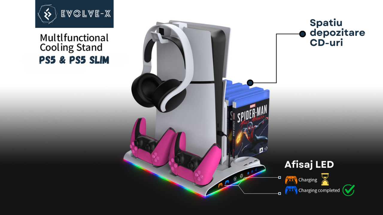 Stand vertical 5 in 1 multifunctional PS5 / PS5 Slim Evolve-x®, cu Statie de incarcare Dual pentru 2 controllere, 3H Fast charge, Ventilator, Suport casti, Slot depozitare CD-uri, lumina RGB, Negru [6]