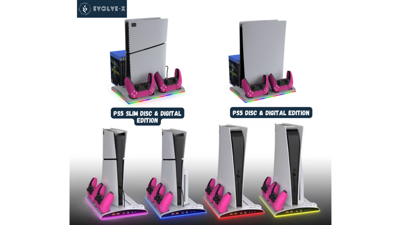 Stand vertical 5 in 1 multifunctional PS5 / PS5 Slim Evolve-x®, cu Statie de incarcare Dual pentru 2 controllere, 3H Fast charge, Ventilator, Suport casti, Slot depozitare CD-uri, lumina RGB, Negru [9]