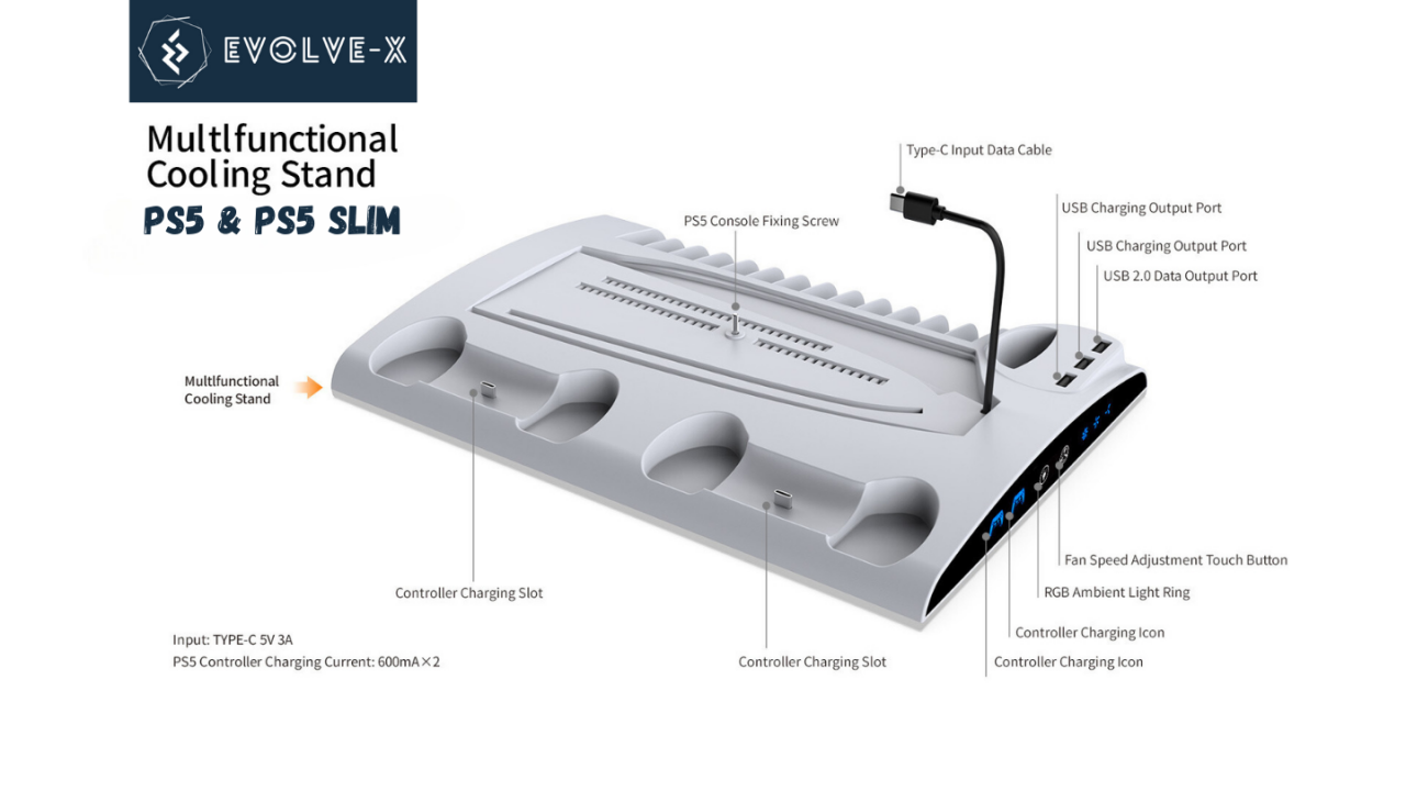 Stand vertical 5 in 1 multifunctional PS5 / PS5 Slim Evolve-x®, cu Statie de incarcare Dual pentru 2 controllere, 3H Fast charge, Ventilator, Suport casti, Slot depozitare CD-uri, lumina RGB, Afisaj L [10]