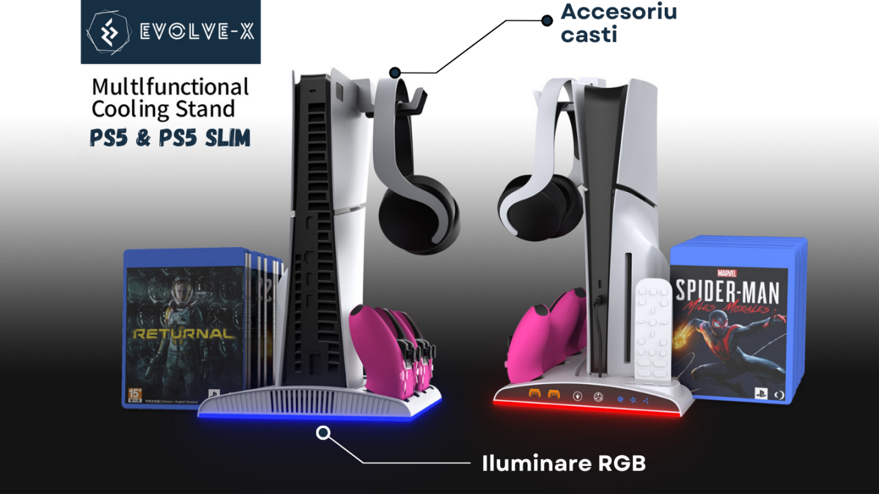 Stand vertical 5 in 1 multifunctional PS5 / PS5 Slim Evolve-x®, cu Statie de incarcare Dual pentru 2 controllere, 3H Fast charge, Ventilator, Suport casti, Slot depozitare CD-uri, lumina RGB, Negru [3]
