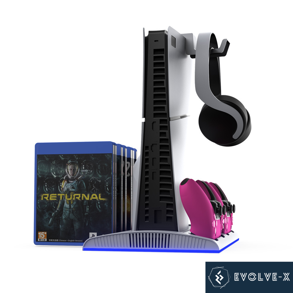 Stand vertical 5 in 1 multifunctional PS5 / PS5 Slim Evolve-x®, cu Statie de incarcare Dual pentru 2 controllere, 3H Fast charge, Ventilator, Suport casti, Slot depozitare CD-uri, lumina RGB, Afisaj L [3]