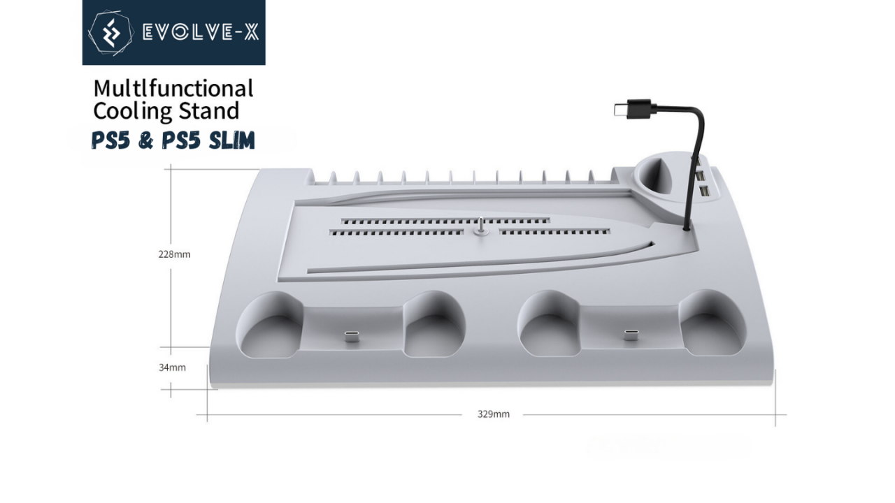 Stand vertical 5 in 1 multifunctional PS5 / PS5 Slim Evolve-x®, cu Statie de incarcare Dual pentru 2 controllere, 3H Fast charge, Ventilator, Suport casti, Slot depozitare CD-uri, lumina RGB, Afisaj L [9]