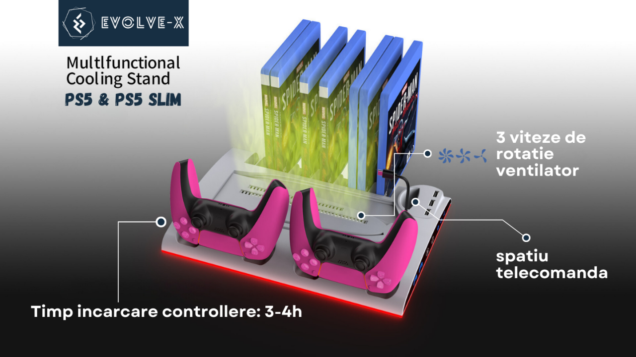 Stand vertical 5 in 1 multifunctional PS5 / PS5 Slim Evolve-x®, cu Statie de incarcare Dual pentru 2 controllere, 3H Fast charge, Ventilator, Suport casti, Slot depozitare CD-uri, lumina RGB, Afisaj L [7]