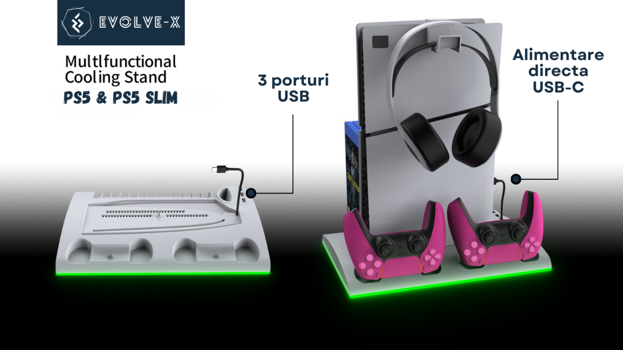 Stand vertical 5 in 1 multifunctional PS5 / PS5 Slim Evolve-x®, cu Statie de incarcare Dual pentru 2 controllere, 3H Fast charge, Ventilator, Suport casti, Slot depozitare CD-uri, lumina RGB, Afisaj L [6]