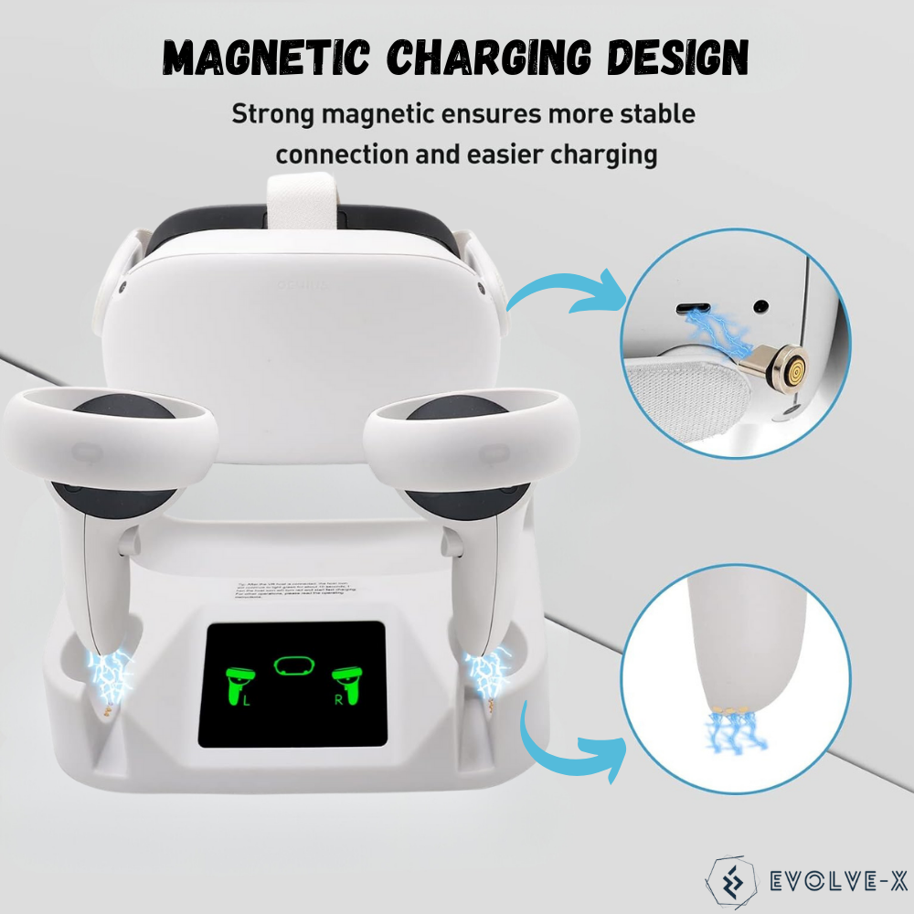 Statie de Incarcare VR magnetica Evolve-x® pentru Meta Oculus Quest 2, acumulatori 1800 mAh, Afisaj LED, conectori magnetici, Incarcare simultana pentru casca VR si controllere, alb [9]