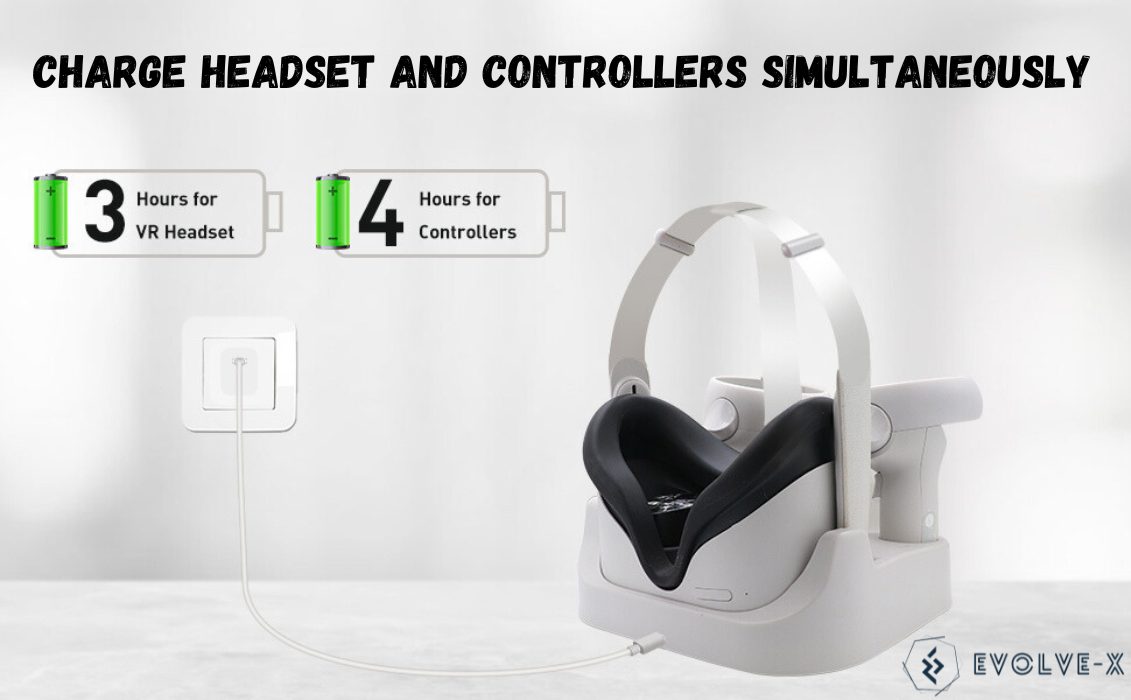 Statie de Incarcare VR magnetica Evolve-x® pentru Meta Oculus Quest 2, acumulatori 1800 mAh, Afisaj LED, conectori magnetici, Incarcare simultana pentru casca VR si controllere, alb [5]
