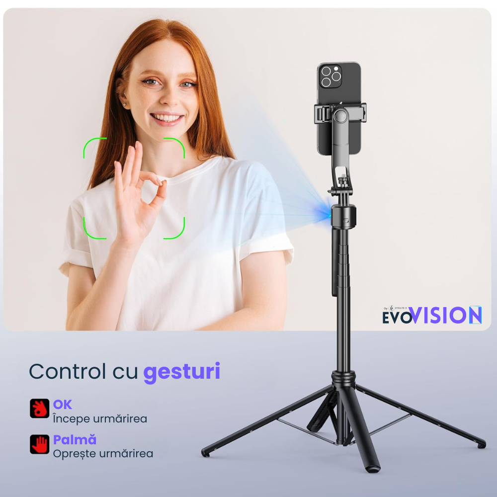 Trepied foto smart profesional Evolve-x® EvoVison, AI Tracking, camera integrata cu urmarire activa, Control prin gesturi, Telecomanda detasabila bluetooth [4]