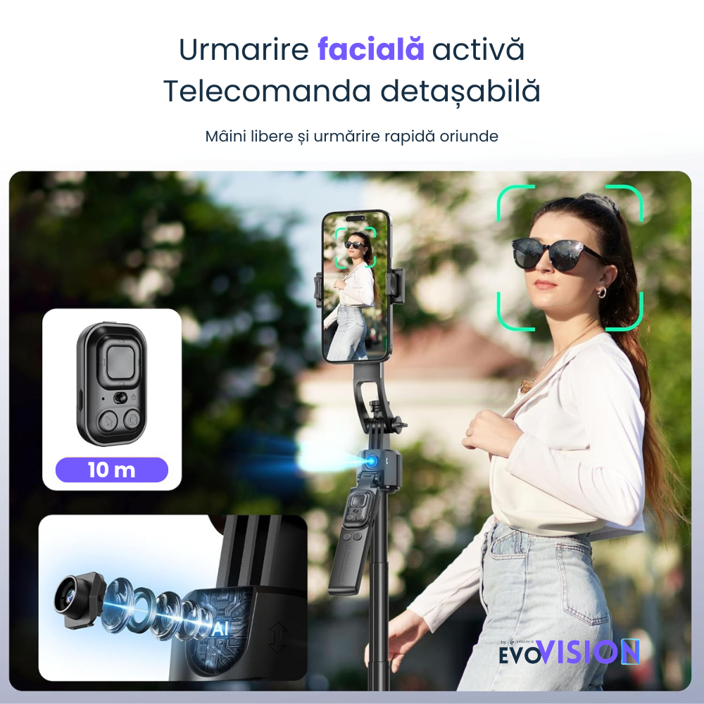 Trepied foto smart profesional Evolve-x® EvoVison, AI Tracking, camera integrata cu urmarire activa, Control prin gesturi, Telecomanda detasabila bluetooth [3]