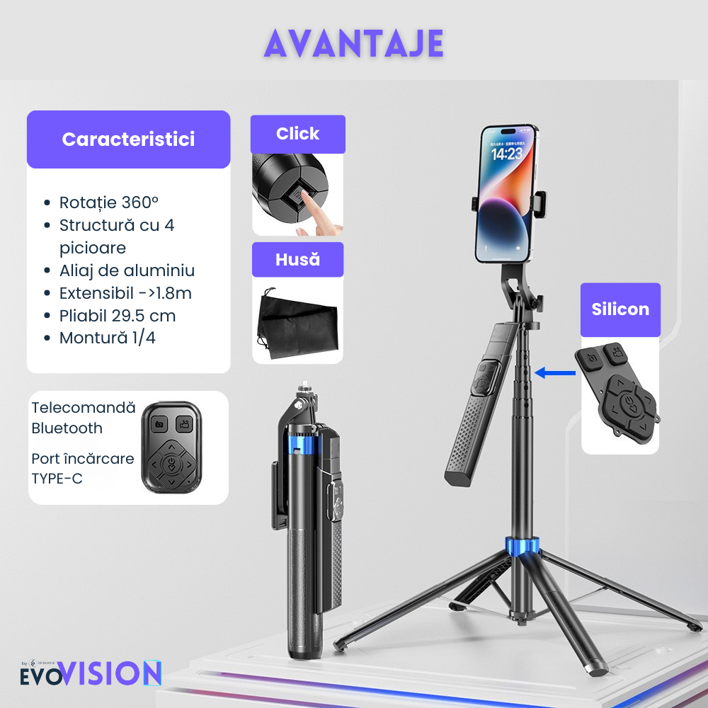 Trepied foto telescopic Evolve-x® EvoVison Profesional, 180cm, pentru telefon/camera foto/GoPro, telecomanda Bluetooth [3]