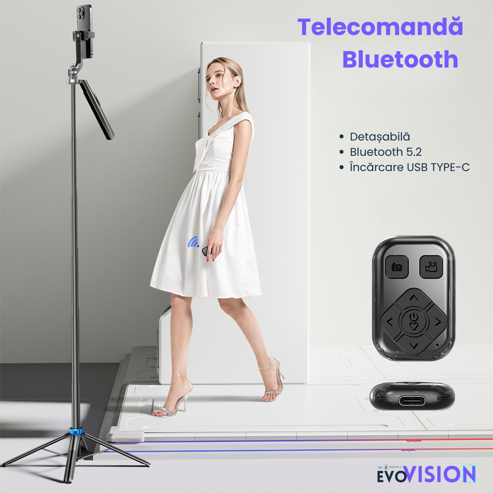 Trepied foto telescopic Evolve-x® EvoVison Profesional, 180cm, pentru telefon/camera foto/GoPro, telecomanda Bluetooth [6]