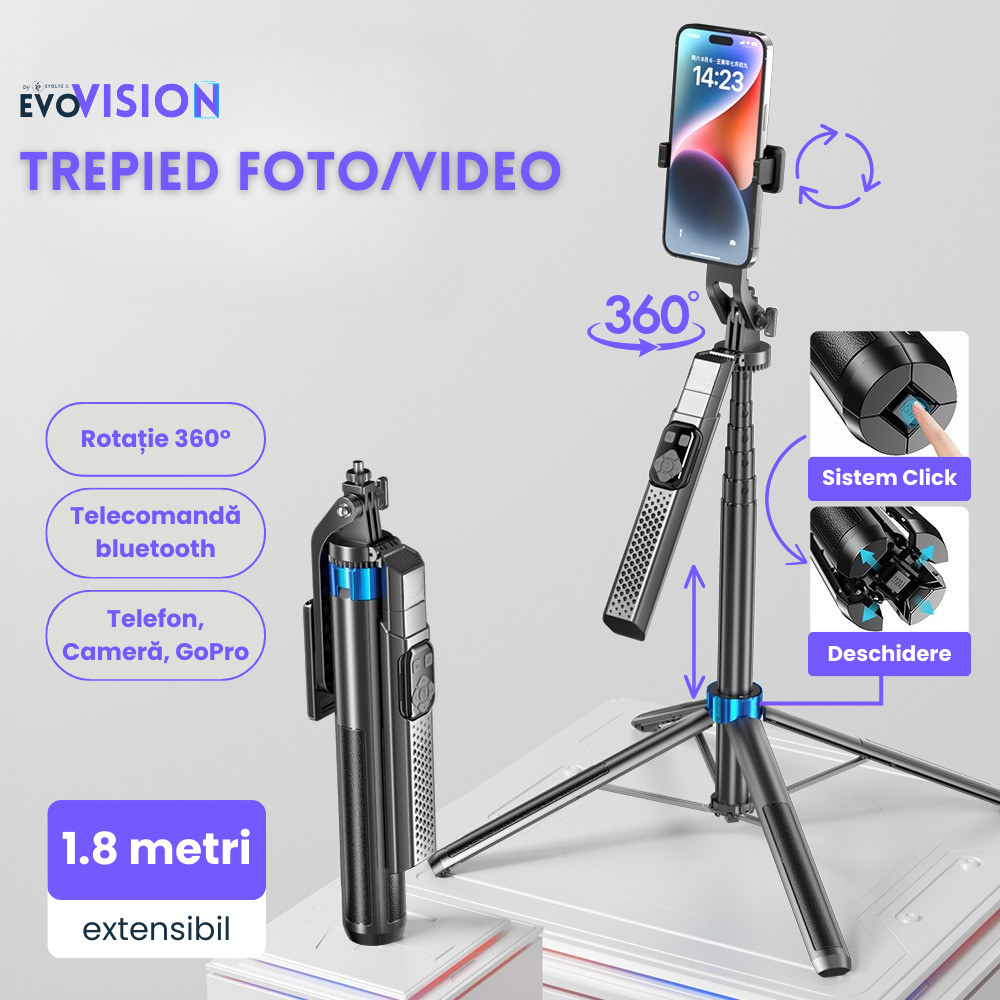 Trepied foto telescopic Evolve-x® EvoVison Profesional, 180cm, pentru telefon/camera foto/GoPro, telecomanda Bluetooth [2]